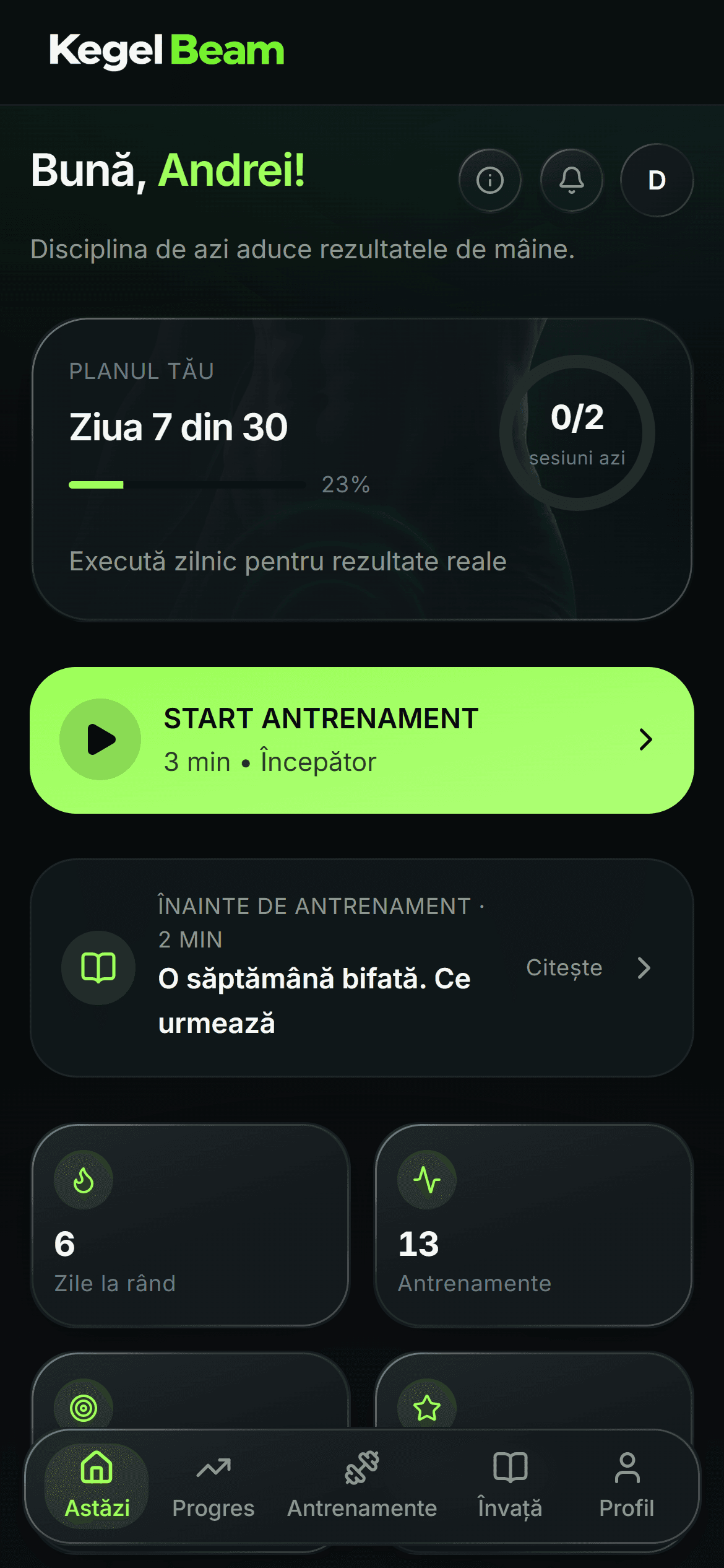 Ecranul Astăzi din Kegel Beam: planul zilei și butonul de start